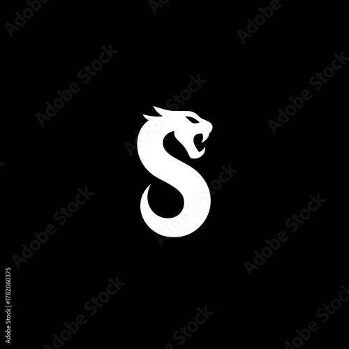 Stylized 'S' lettermark logo with a fierce dragon or panther head design. Modern, minimalist white monogram on black background, powerful visual identity concept.
