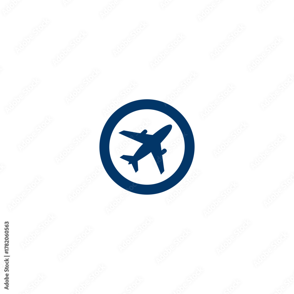 Fototapeta premium Airplane icon in a blue circle symbolizing air travel, flight, aviation, journey, and global transport on a white background.