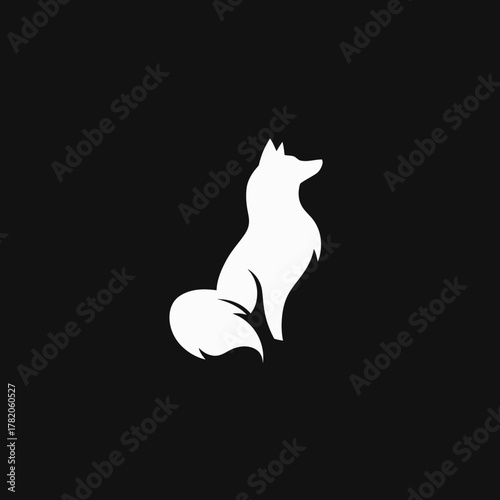 Elegant white fox silhouette sitting on a black background. Minimalist graphic vector illustration of a wild animal profile.