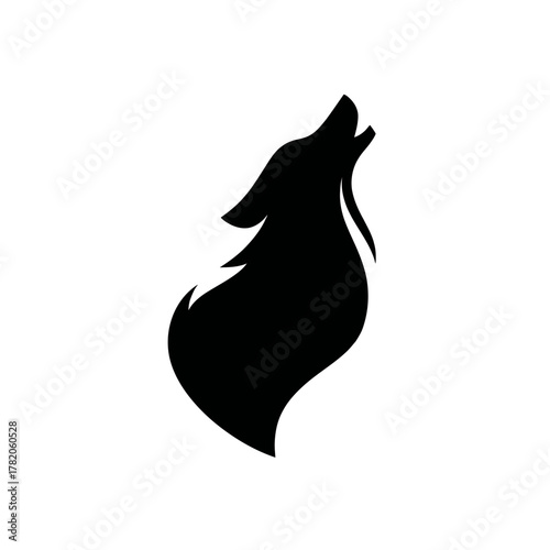 Stylized black silhouette of a howling wolf icon. Wild animal spirit concept, minimalist graphic design element.