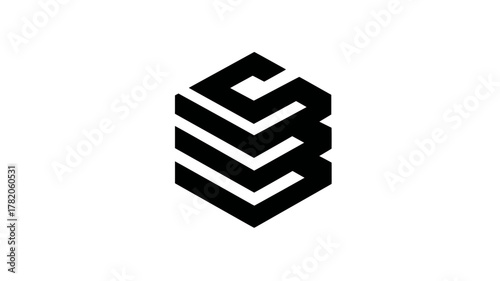 Abstract geometric logo icon in black and white, modern minimalist design element, cubic hexagonal shape, digital technology symbol