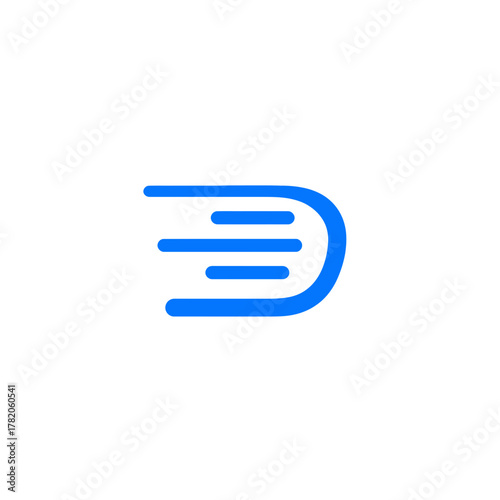 Abstract blue letter D icon with horizontal motion lines, symbolizing speed, data transfer, delivery, or digital technology concept.