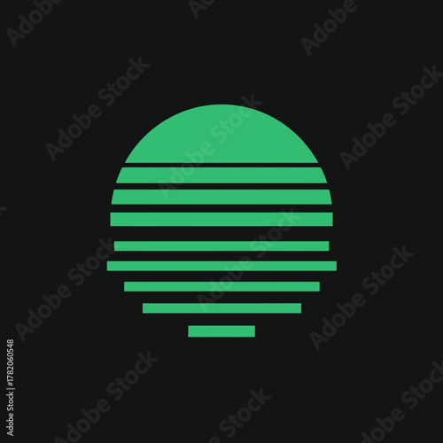 Abstract green geometric circle with horizontal lines on black background. Modern stylized sunset or sunrise icon, minimal graphic design element.