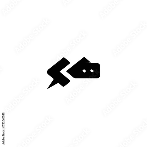 Fragmented black speech bubble icon on white background, symbolizing broken communication, error, disruption, or discord.