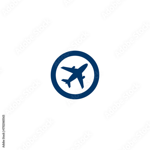 Airplane icon in a blue circle symbolizing air travel, flight, aviation, journey, and global transport on a white background.