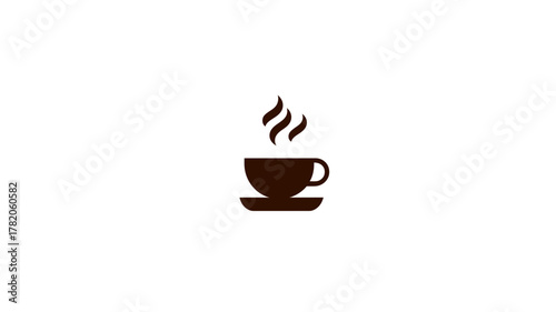 Minimalist steaming hot coffee cup and saucer icon. Simple brown graphic for cafe, beverage, morning drink, and break concepts.