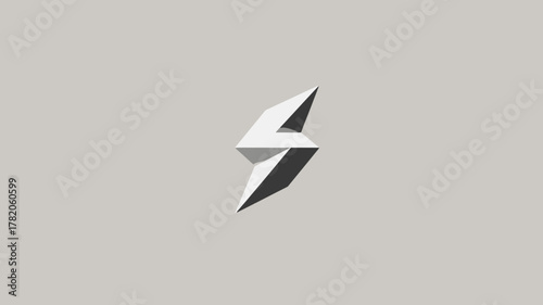 Abstract geometric 3D lightning bolt icon. Modern minimalist power symbol with sharp metallic facets on a gray background, representing speed and energy.