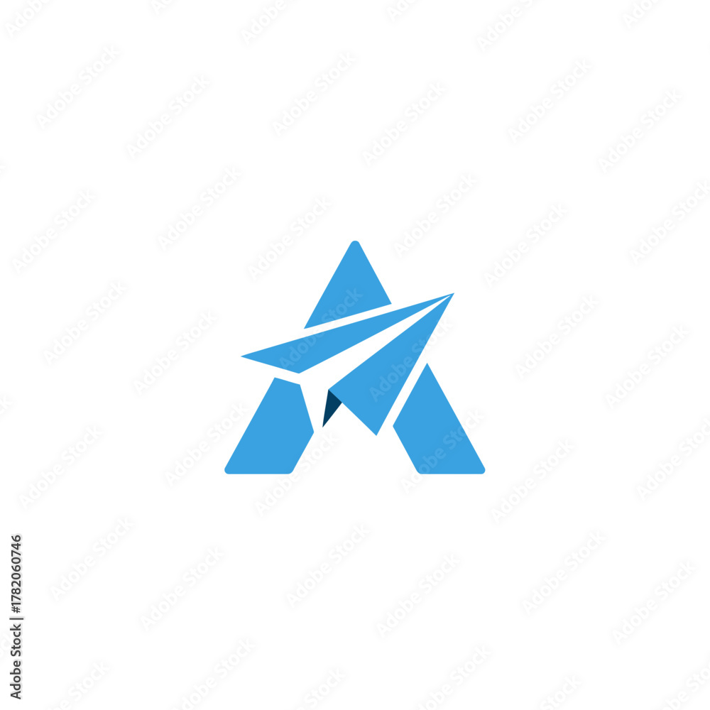 Fototapeta premium Modern blue letter A graphic with a stylized paper airplane, representing communication, travel, or ambition in abstract design.