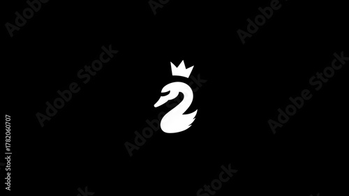 Elegant white swan wearing a regal crown, minimalist graphic design illustration on a black background, graceful animal symbol.