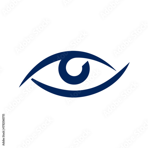 Abstract dark blue eye icon on white, symbolizing vision, sight, optical, security, surveillance, observation, awareness