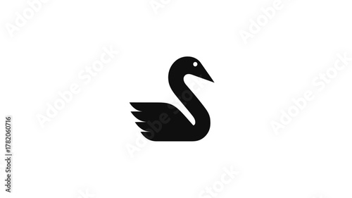 Graceful black swan silhouette, elegant bird icon design, minimalist waterfowl illustration on clean white background, simple vector graphic concept