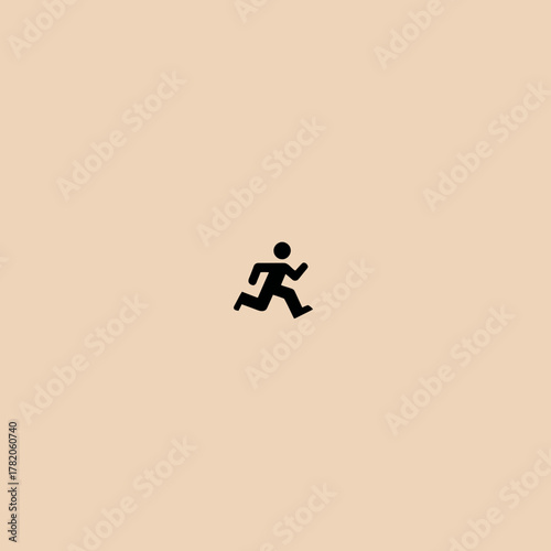 Running Person Icon on Beige Background. Minimalist silhouette representing movement, speed, activity, and urgency.