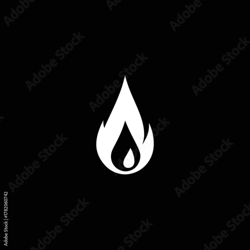 Modern stylized white flame icon on a dark background, symbolizing fire, heat, energy, and warmth. Graphic resource for power.