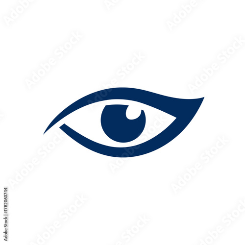 Stylized Dark Blue Eye Icon Representing Vision, Sight, Observation, Security, and Insight on White Background