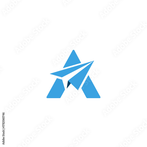 Modern blue letter A graphic with a stylized paper airplane, representing communication, travel, or ambition in abstract design.