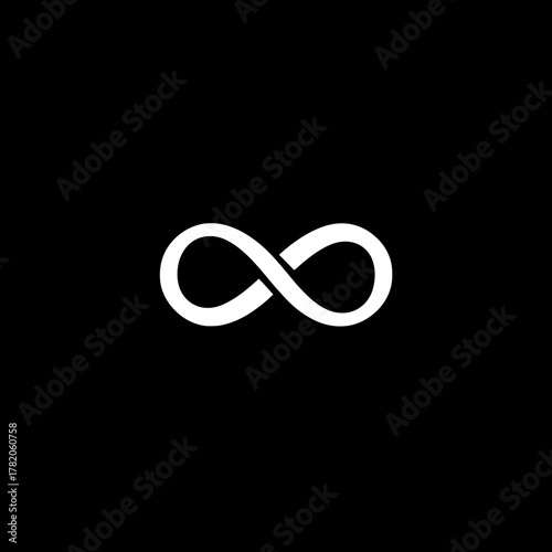 White infinity symbol on a solid black background representing eternity, endlessness, limitless possibilities, and timeless connection.