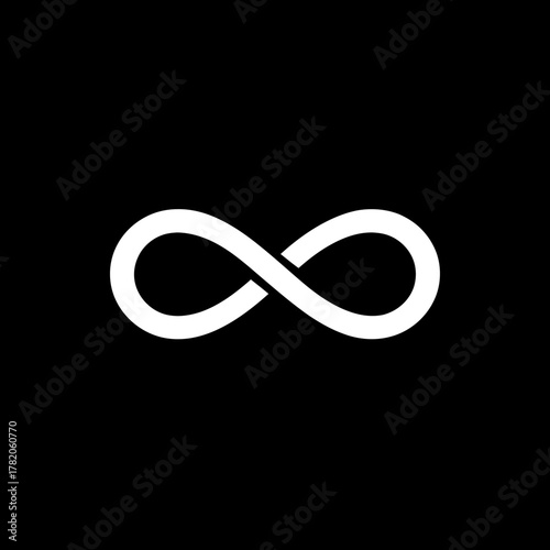 Minimalist white infinity symbol icon on solid black background, representing eternity, endlessness, continuity, and infinite possibility.