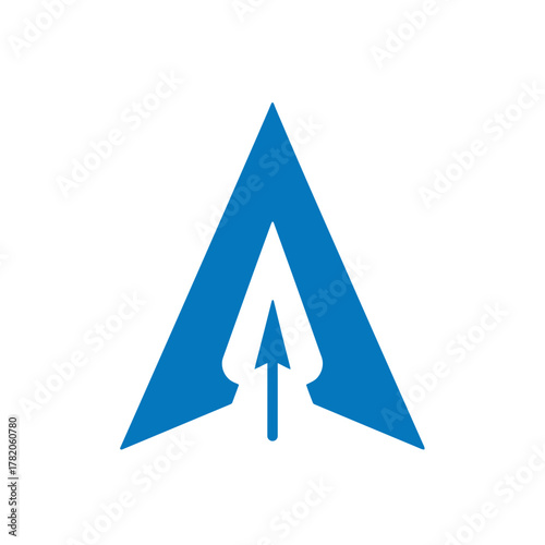 Abstract blue upward arrow icon for progress, growth, success, and future direction. Geometric symbol for ambition and leadership.
