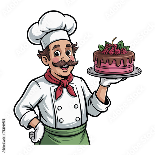 Cartoon chef holding a raspberry chocolate cake with pink layers vector