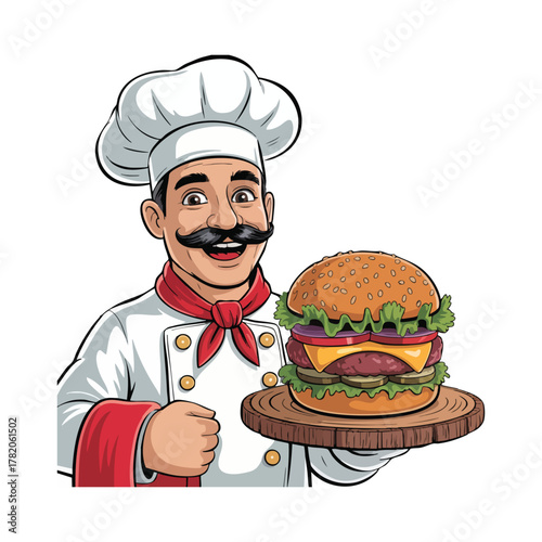 Cartoon chef with mustache holding a large juicy hamburger on a wooden board cook cooking