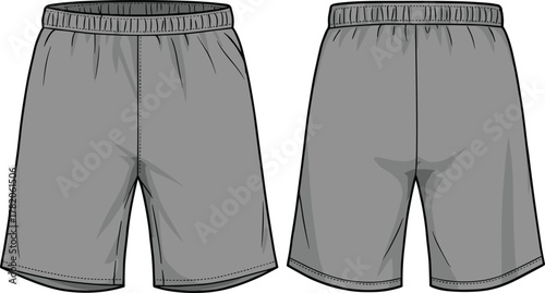 Athletic shorts flat sketch, fashion technical drawing, front and back view, elastic waistband, curved hem, seam details, garment design illustration template
