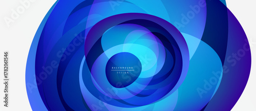 Abstract blue layers create swirling vortex effect. Gradient shades suggest depth, motion, modern design elements. Minimal text present.