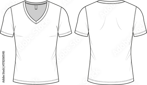 V neck T shirt flat sketch, fashion technical drawing, front and back view, short sleeves, fitted torso, garment design illustration template