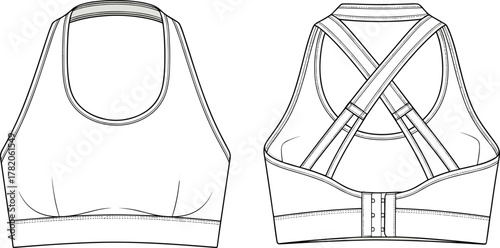 Sports bra flat sketch, fashion technical drawing, front and back view, racerback straps, hook closure, wide underband, garment design illustration template