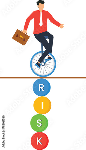 Businessman on Unicycle Balancing on Tightrope Risk Management Concept Business Challenge Financial Uncertainty Corporate Strategy Investment Danger Career Path Skillful Balance