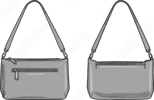 Handbag flat sketch, fashion accessory technical drawing, front and back view, zipper pocket, shoulder strap, top handle, structured bag design template