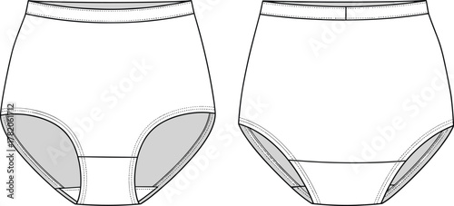 High waisted underwear flat sketch, women’s lingerie technical drawing, front view, fashion design template, garment illustration, intimate apparel outline, clothing construction details
