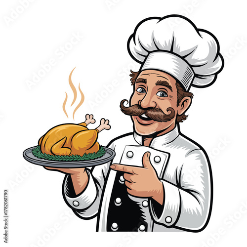 Cartoon chef with mustache holding roasted chicken on platter cooking food