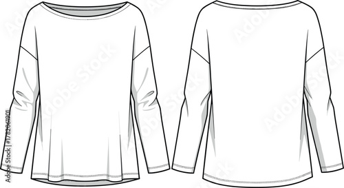 Long sleeve top flat sketch, fashion technical drawing, front and back view, round neckline, dropped shoulders, curved hem, garment design illustration template