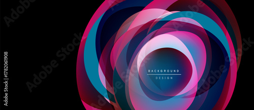 Abstract layers create vibrant circular design. Pink, blue, purple hues blend, forming dynamic visual effect. Text reads background design.