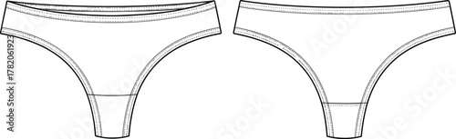 Thong underwear flat sketch, women’s lingerie technical drawing, front view, fashion design template, garment illustration, intimate apparel outline, vector clothing design