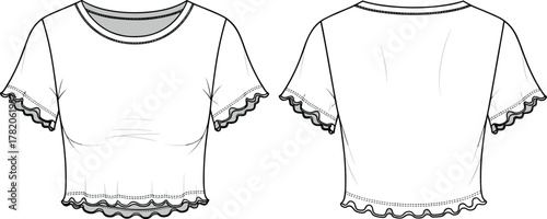 Cropped top flat sketch, fashion technical drawing, front and back view, round neckline, ruffle sleeves, ruffle hem, garment design illustration template