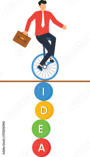 Businessman on unicycle balancing creative idea. Risk management, corporate strategy, career challenge, business solution, skillful entrepreneur, innovation concept.