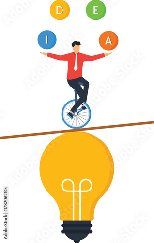 Businessman balancing idea concept on unicycle over lightbulb. Creative solution, business strategy, risk management, innovation skill, entrepreneurship focus, problem solving.