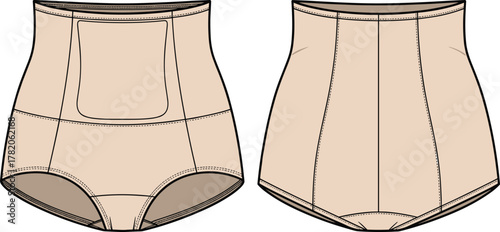 High waisted shapewear flat sketch, women’s lingerie technical drawing, front and back view, compression panel, support seams, garment design illustration template