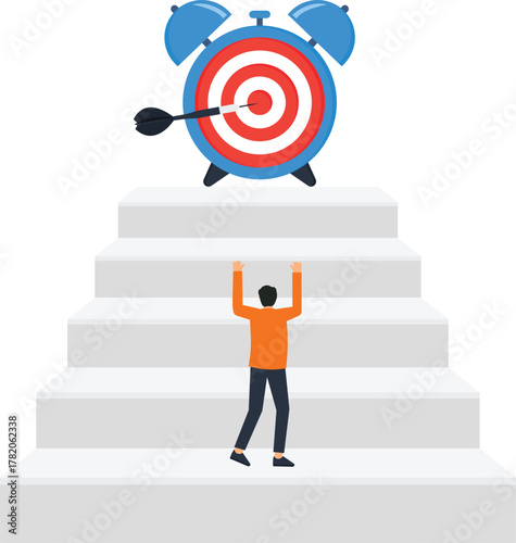 Time management challenge man pushing stairs to reach target deadline. Goal achievement business strategy career growth. Overcoming obstacles personal development success concept.
