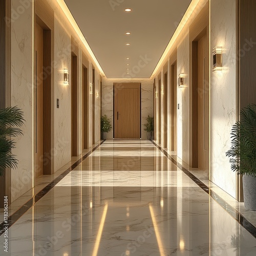 Wallpaper Mural Modern hotel corridor with polished marble floors, wooden doors on both sides, recessed ceiling lights, wall sconces, and green potted plants creating a calm and elegant atmosphere Torontodigital.ca