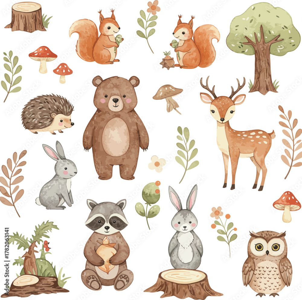 Obraz premium Cute watercolor woodland animals forest elements