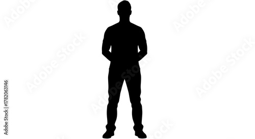 Silhouette of a man standing with his hands behind his back against a white background in full shot