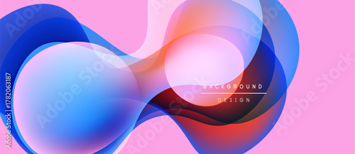 Abstract fluid shapes overlap, creating dynamic visual effect. Blue, orange hues dominate pink backdrop. Text reads background design.