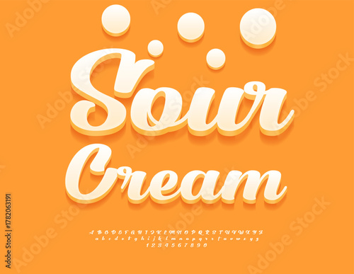 Vector Culinary label Sour Cream. Modern Stylish 3D Font. Fashion Alphabet Letters and Numbers.