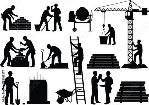 Silhouette construction workers operating crane, carrying materials, mixing cement, climbing ladders, teamwork building site vector illustration for industrial labor and architecture projects