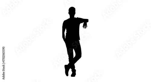 Silhouette of a man leaning with his arm against a wall on a white isolated background image view