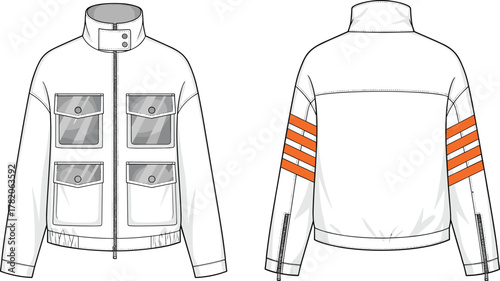 Technical sketch of high-collar utility jacket, front and back view, transparent flap pockets, sleeve stripes, fashion design, illustration
