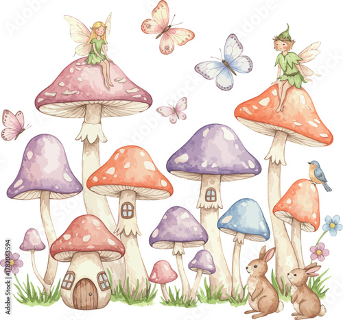 Magical forest watercolor with fairies and rabbits