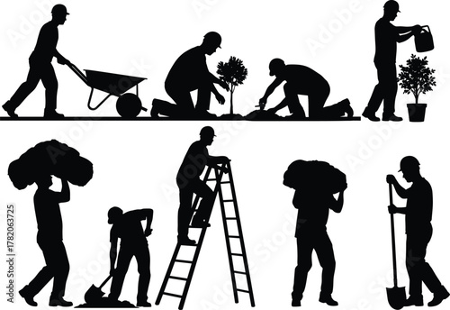 Silhouette illustration of construction and gardening workers using tools, planting trees, carrying loads, and climbing ladders, representing teamwork, outdoor labor, and industrial activity concept